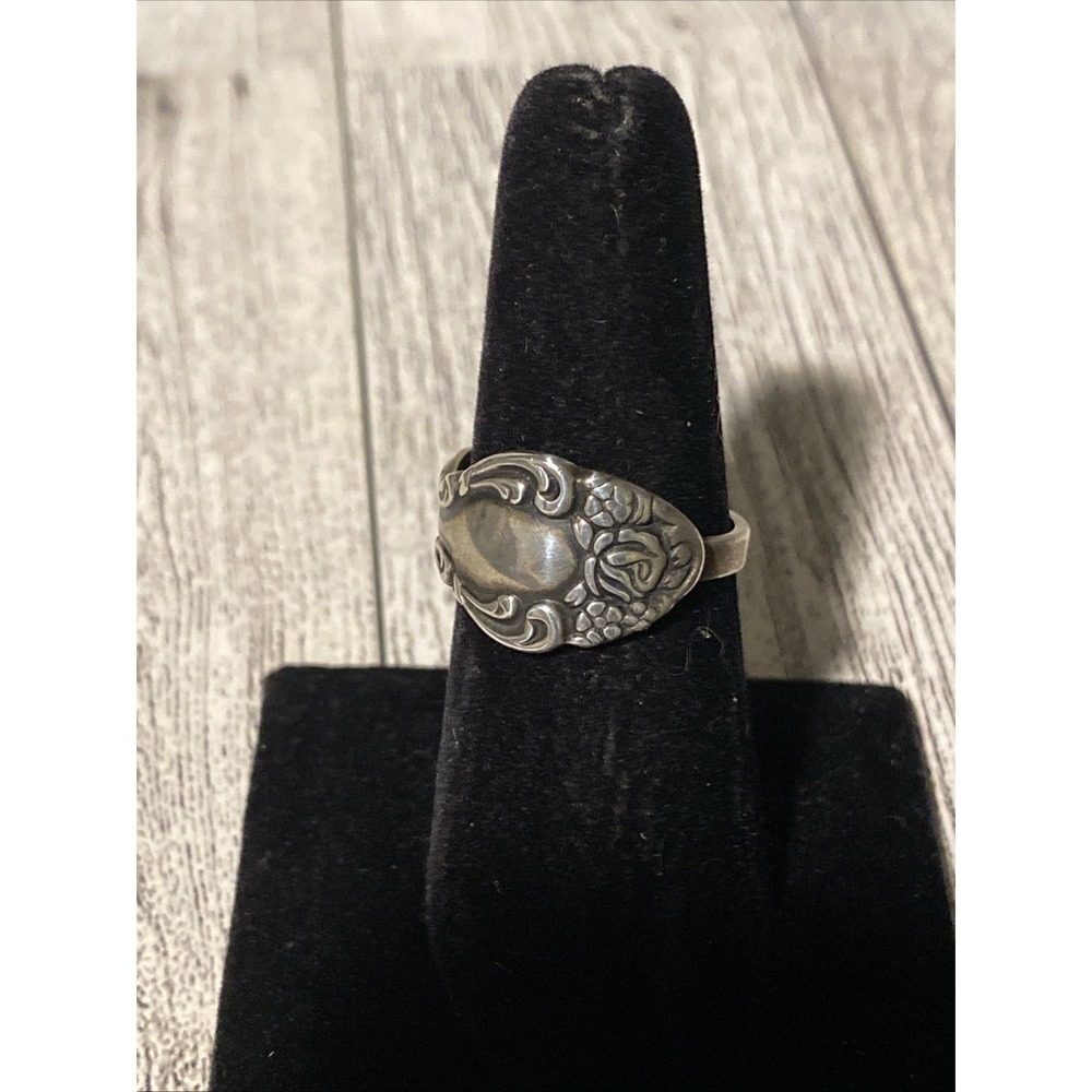 Sterling Silver Spoon Ring Size 8 Adjustable Vintage Flatware Ring Rose Floral